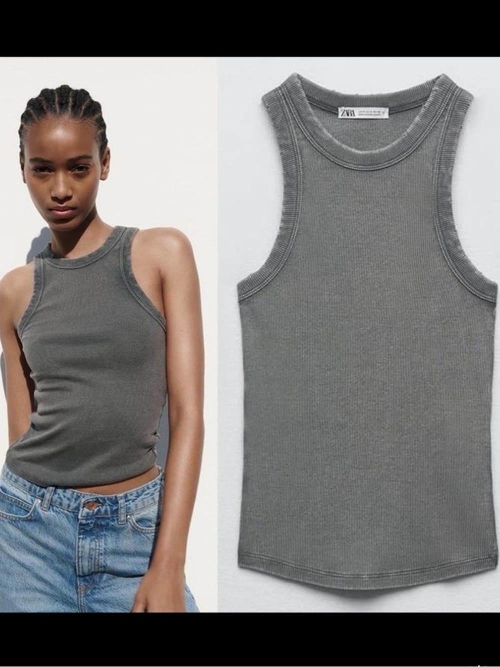 Zara Washed Gray Ribbed Racerback Tank Top - Picture 1 of 2